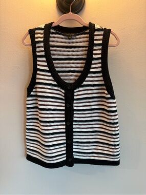Ann Taylor Womens Striped Button Front Sweater Vest Black White Brown Large